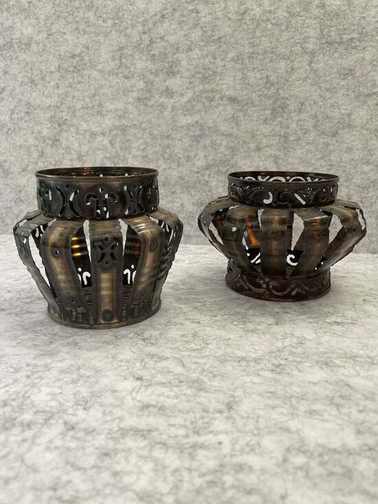 Unbranded Other - BOHO Vintage Upcycled Tin Can Filigree Folk Art Candle Holders, Pair